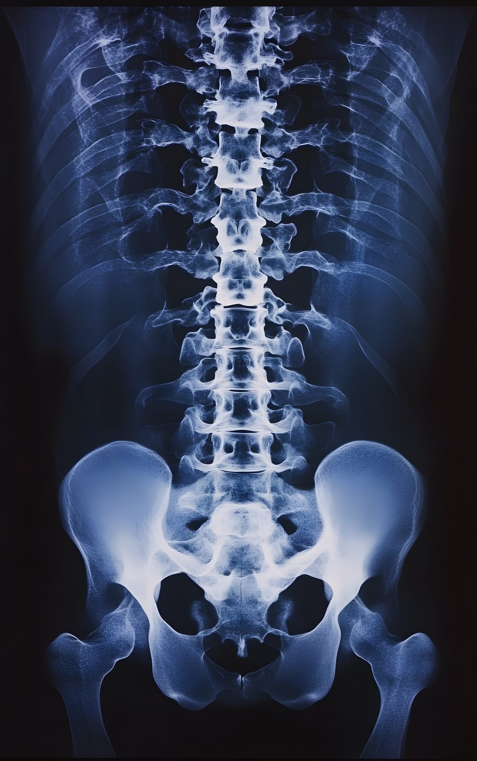 19. X-ray of the human spine highlighting lumbar and thoracic vertebrae